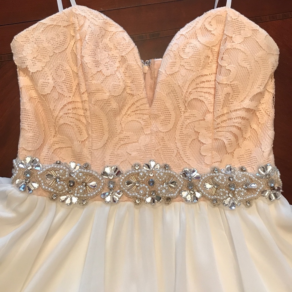 Short Strapless Beaded Peach/Cream Formal Dress